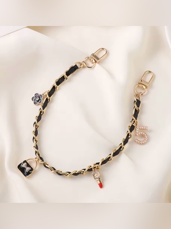 Accessories - Gold Chain Charm Strap with Black Leather Weave